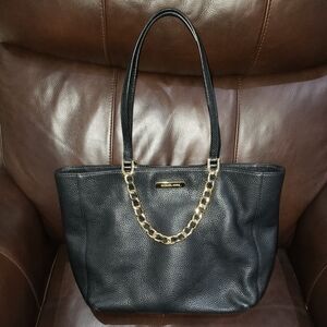 Michael Kors Harper East West Soft Black Pebbled Leather Chain Tote Shoulder Bag